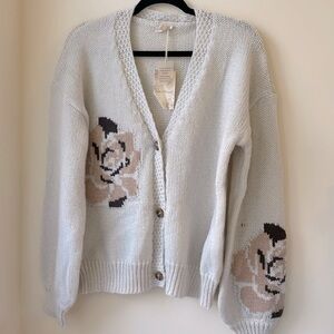 Hem & Thread Cream Cardigan with Floral Design